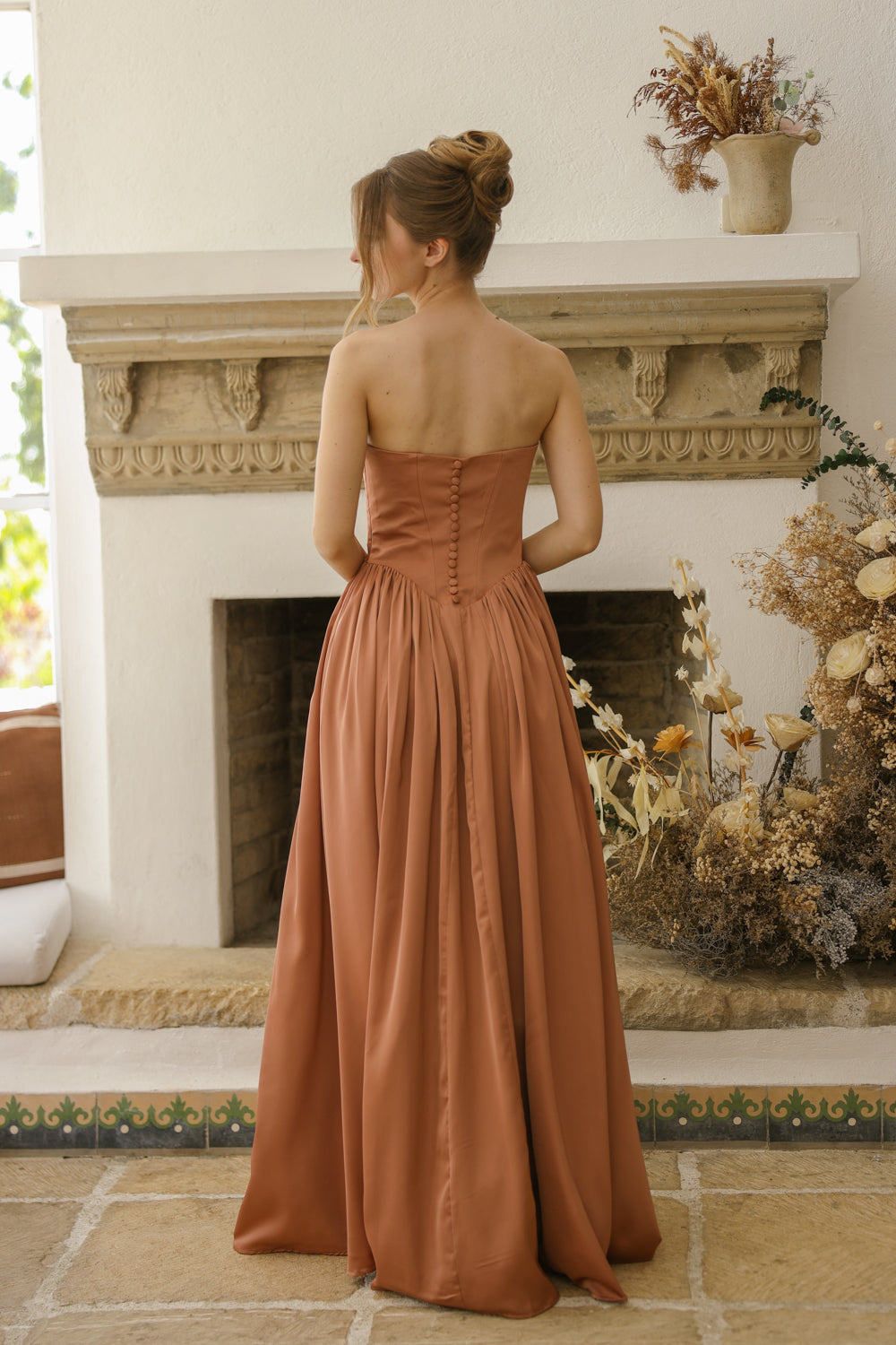 CLEO Strapless Drop Waist Maxi with Covered Button Back Detail and Sash Neckpiece (Light Brown Korean Silk) SAME DAY DELIVERY - SMALL