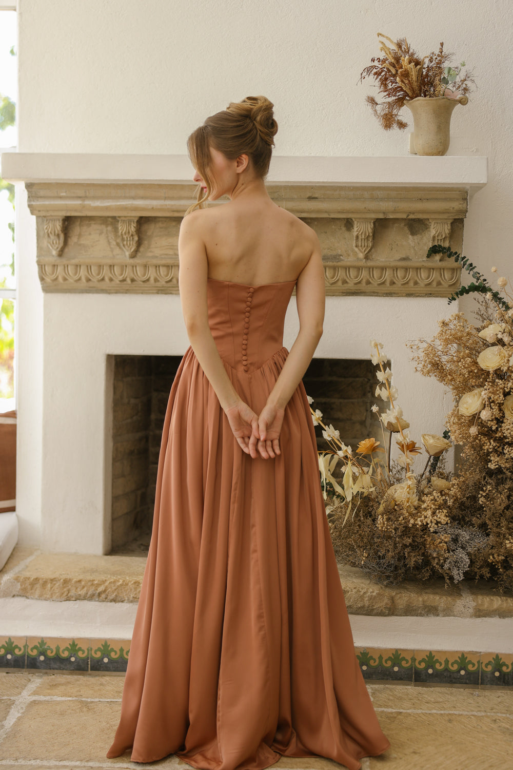 CLEO Strapless Drop Waist Maxi with Covered Button Back Detail and Sash Neckpiece (Light Brown Korean Silk) SAME DAY DELIVERY - SMALL