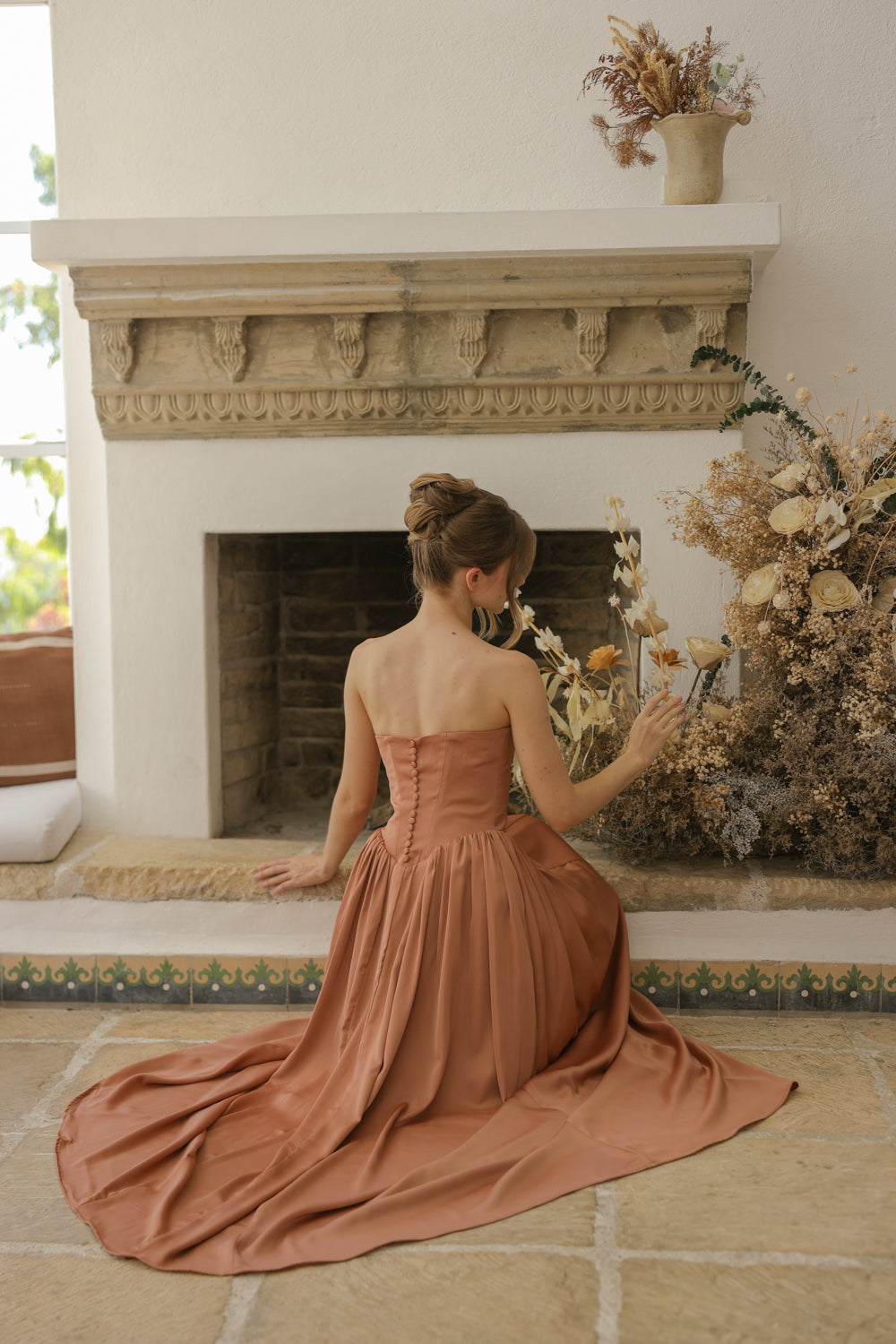 CLEO Strapless Drop Waist Maxi with Covered Button Back Detail and Sash Neckpiece (Light Brown Korean Silk) SAME DAY DELIVERY - SMALL