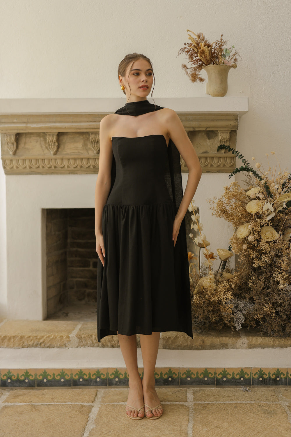 ELODIE Strapless Drop Waist Midi Dress with Sash Neckpiece (Black Linen Blend) SAME DAY DELIVERY - SMALL