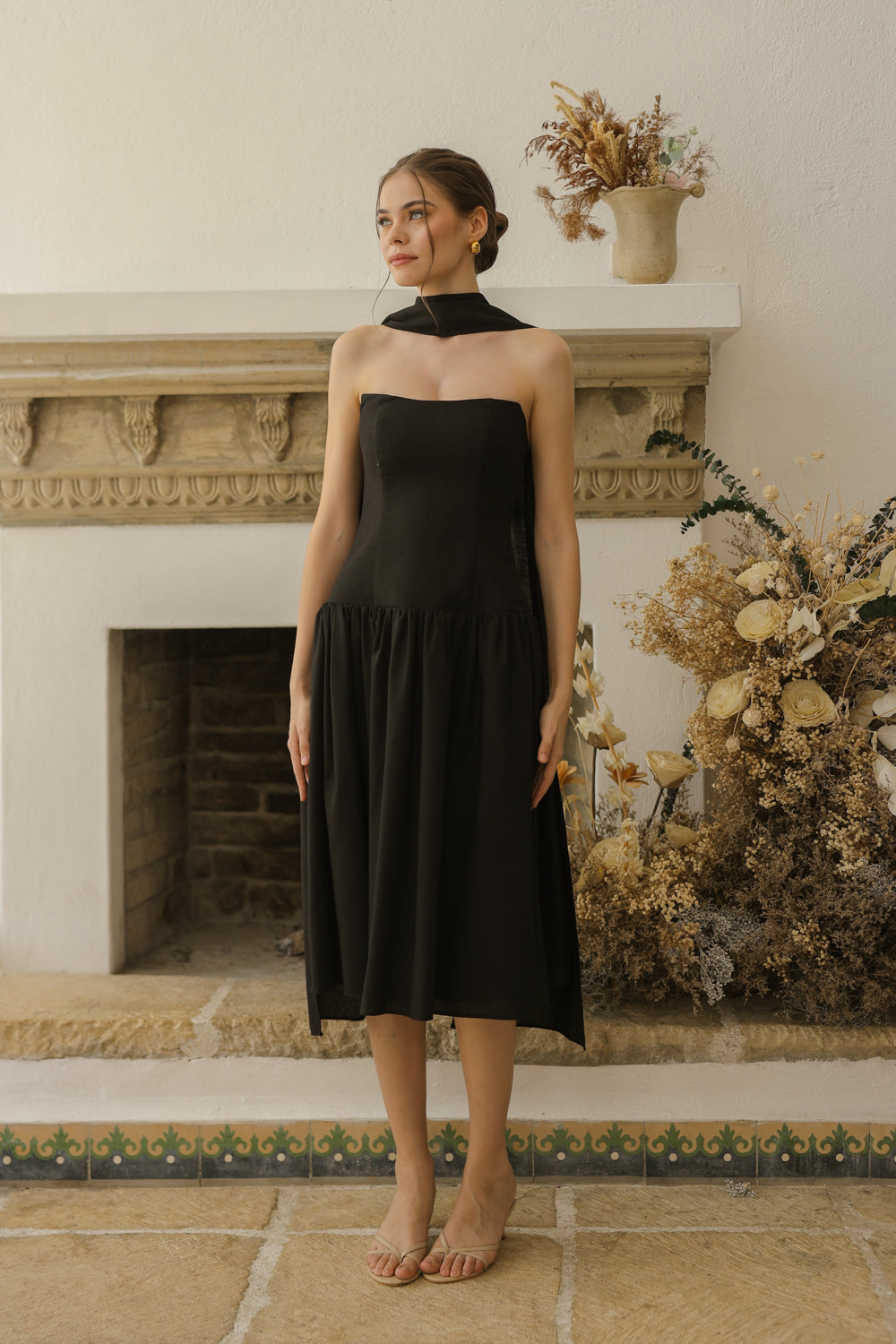 ELODIE Strapless Drop Waist Midi Dress with Sash Neckpiece (Black Linen Blend) SAME DAY DELIVERY - SMALL