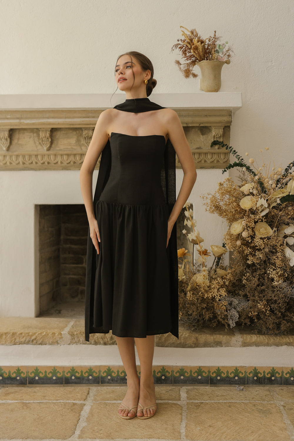 ELODIE Strapless Drop Waist Midi Dress with Sash Neckpiece (Black Linen Blend) SAME DAY DELIVERY - SMALL