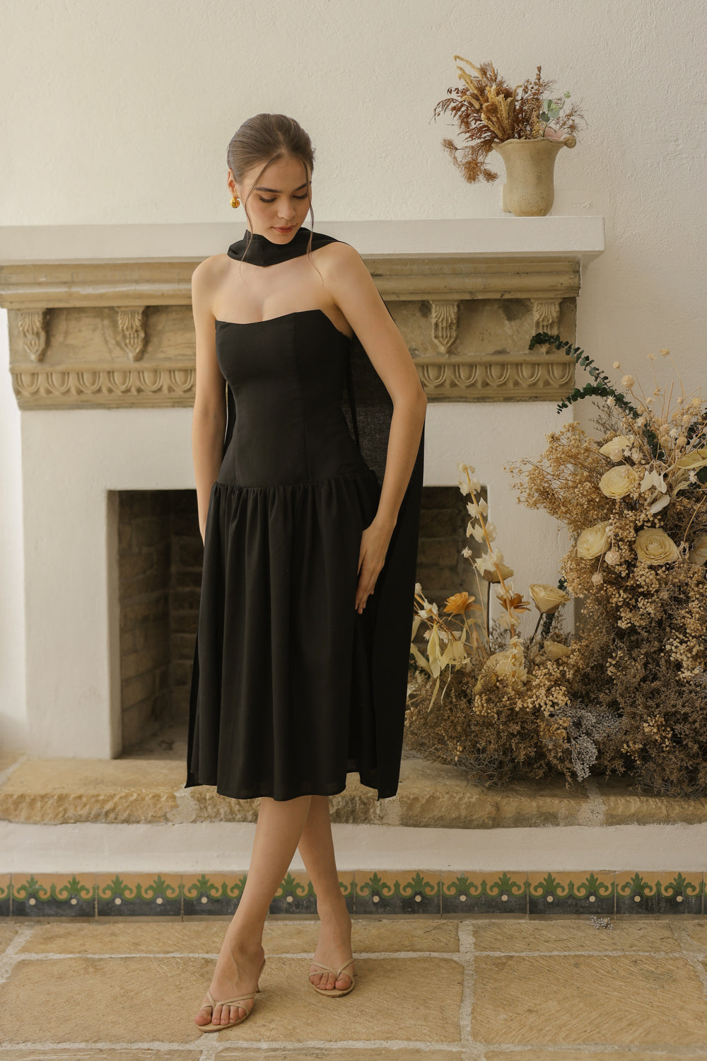 ELODIE Strapless Drop Waist Midi Dress with Sash Neckpiece (Black Linen Blend) SAME DAY DELIVERY - SMALL