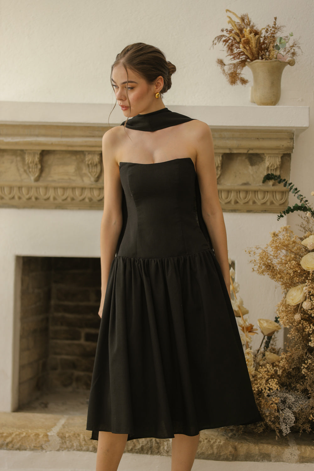 ELODIE Strapless Drop Waist Midi Dress with Sash Neckpiece (Black Linen Blend) SAME DAY DELIVERY - SMALL