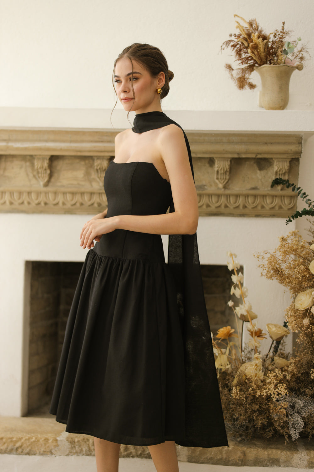 ELODIE Strapless Drop Waist Midi Dress with Sash Neckpiece (Black Linen Blend) SAME DAY DELIVERY - SMALL