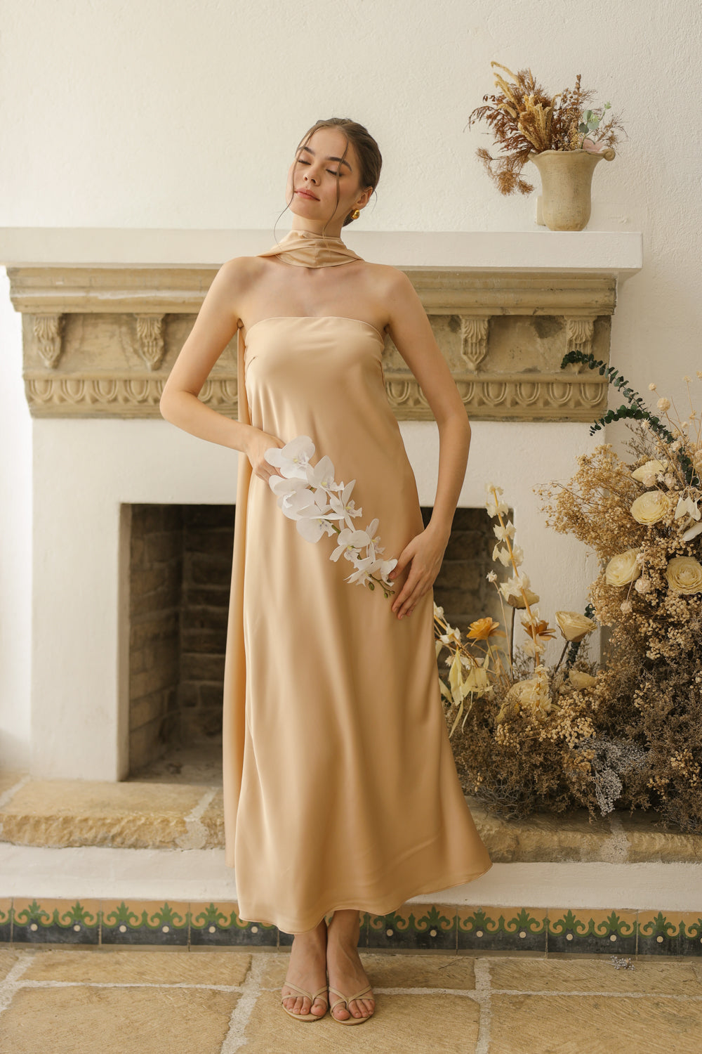 SOL Strapless Flowy Midi Dress with Sash Neckpiece (Nude Crepe Charmeuse Silk)