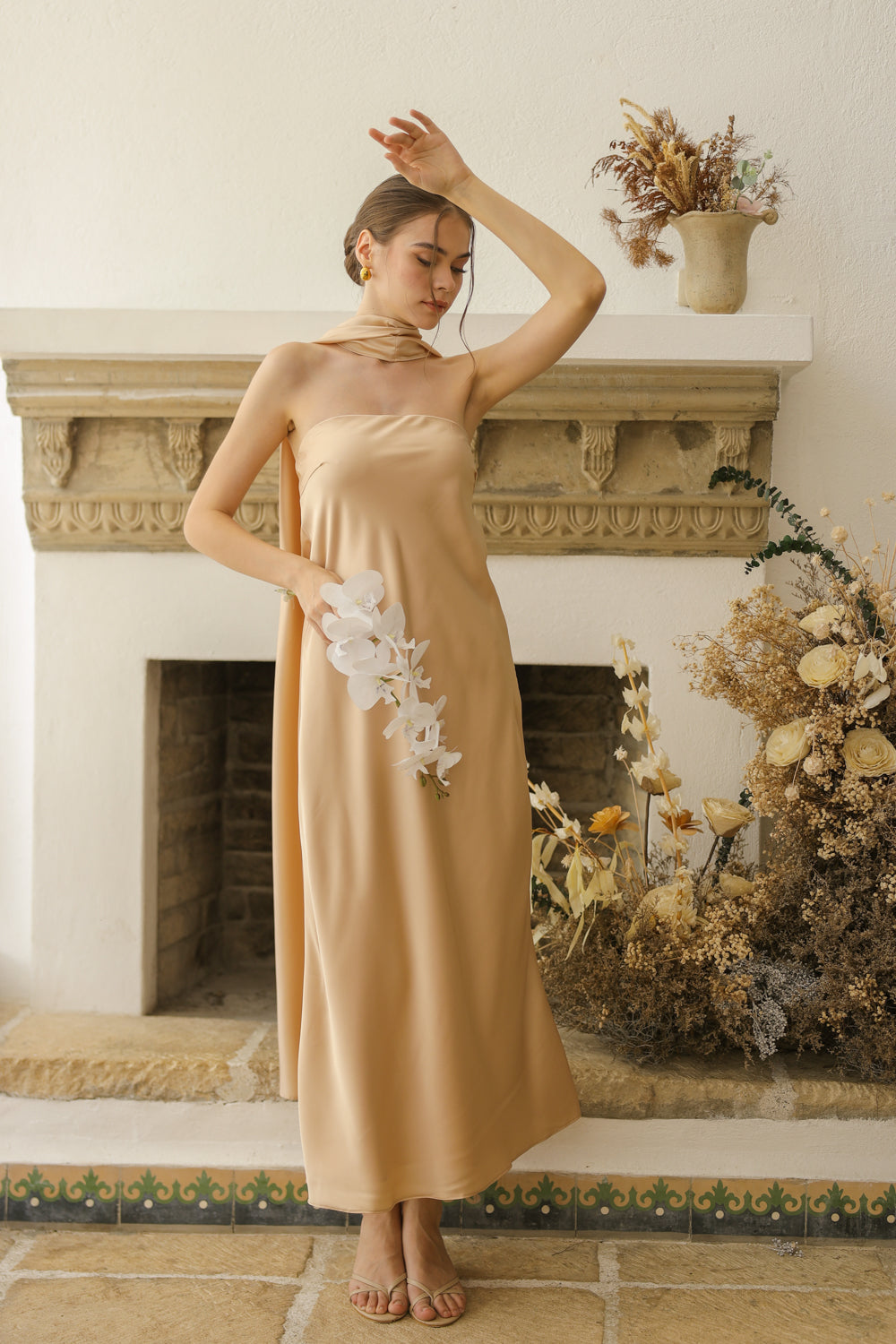 SOL Strapless Flowy Midi Dress with Sash Neckpiece (Nude Crepe Charmeuse Silk)