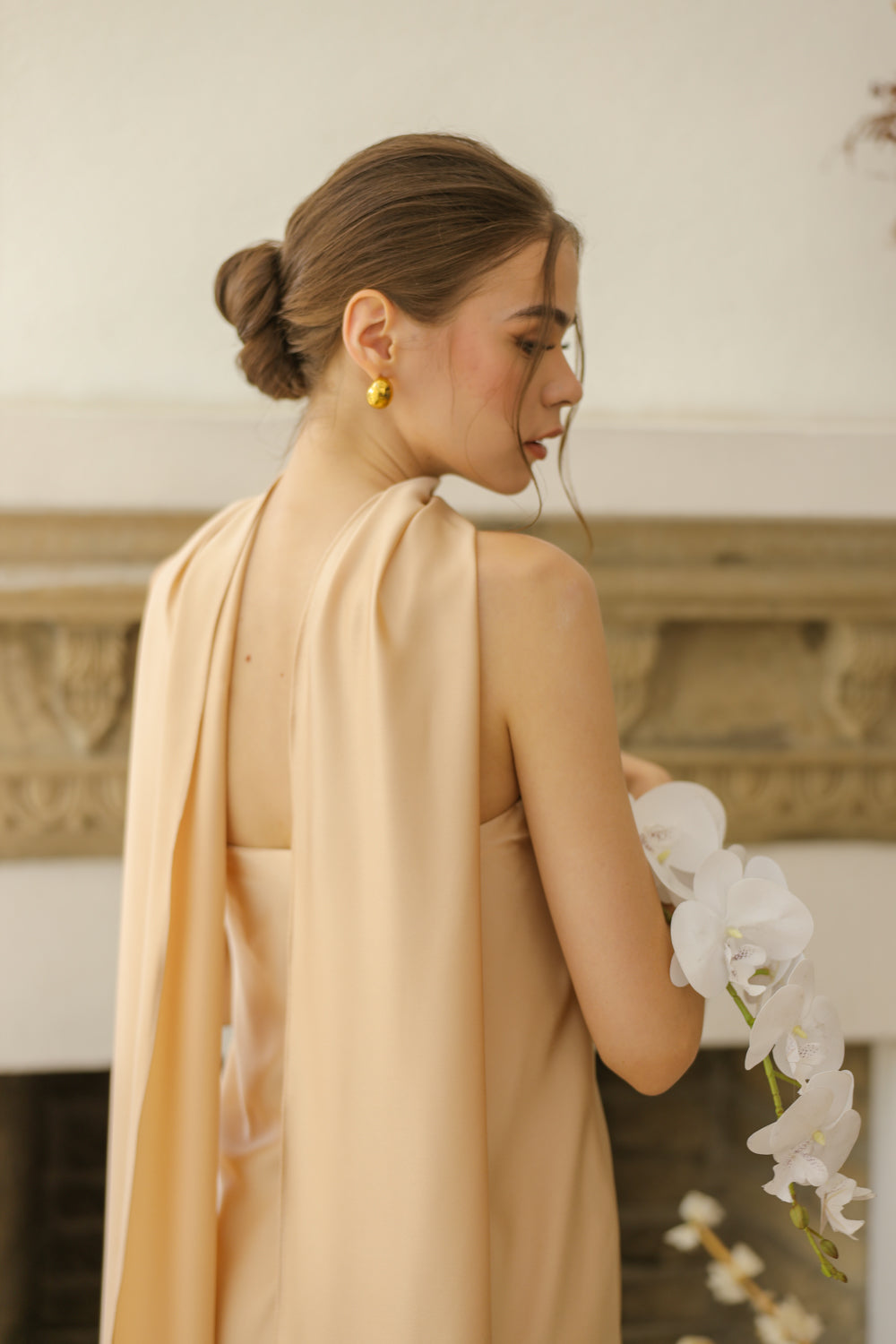 SOL Strapless Flowy Midi Dress with Sash Neckpiece (Nude Crepe Charmeuse Silk)