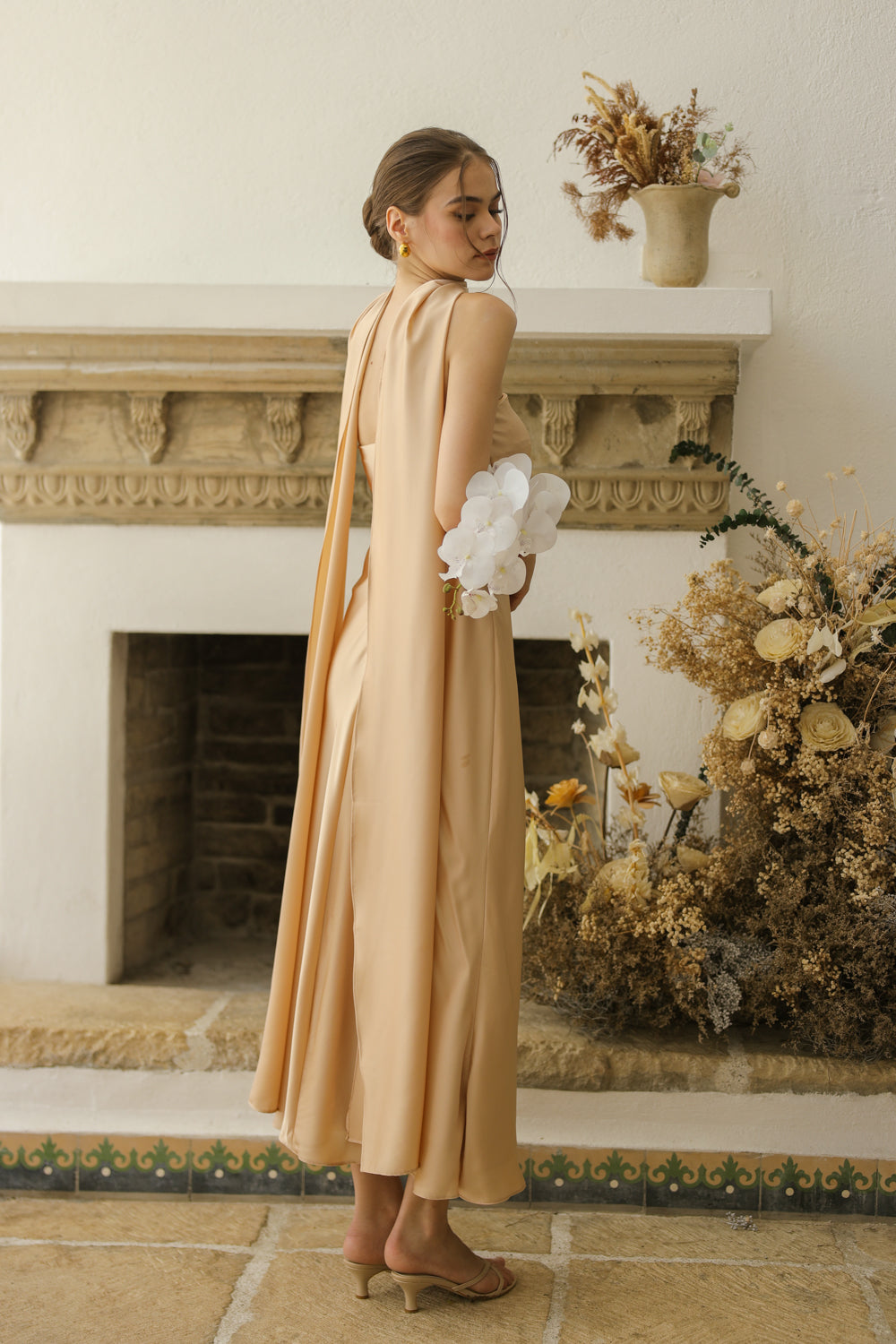 SOL Strapless Flowy Midi Dress with Sash Neckpiece (Nude Crepe Charmeuse Silk)