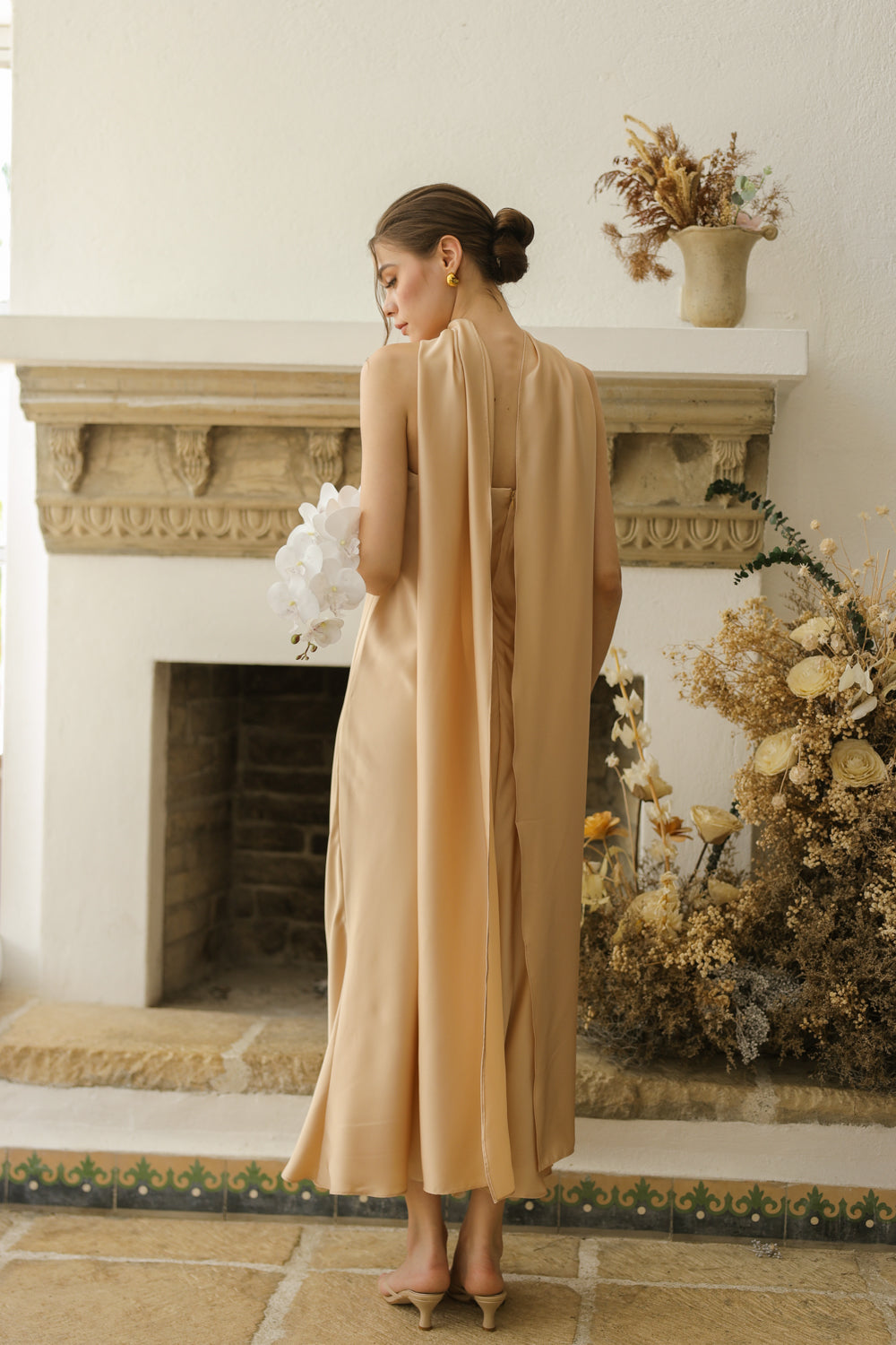 SOL Strapless Flowy Midi Dress with Sash Neckpiece (Nude Crepe Charmeuse Silk)