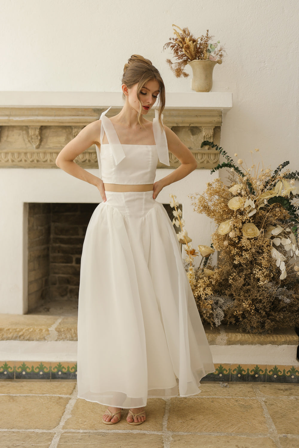 DOMIKA Sleeveless Bow Midi Dress with Drop Waist Shirred Skirt (Ivory White Matte Organdy) SAME DAY DELIVERY - SMALL