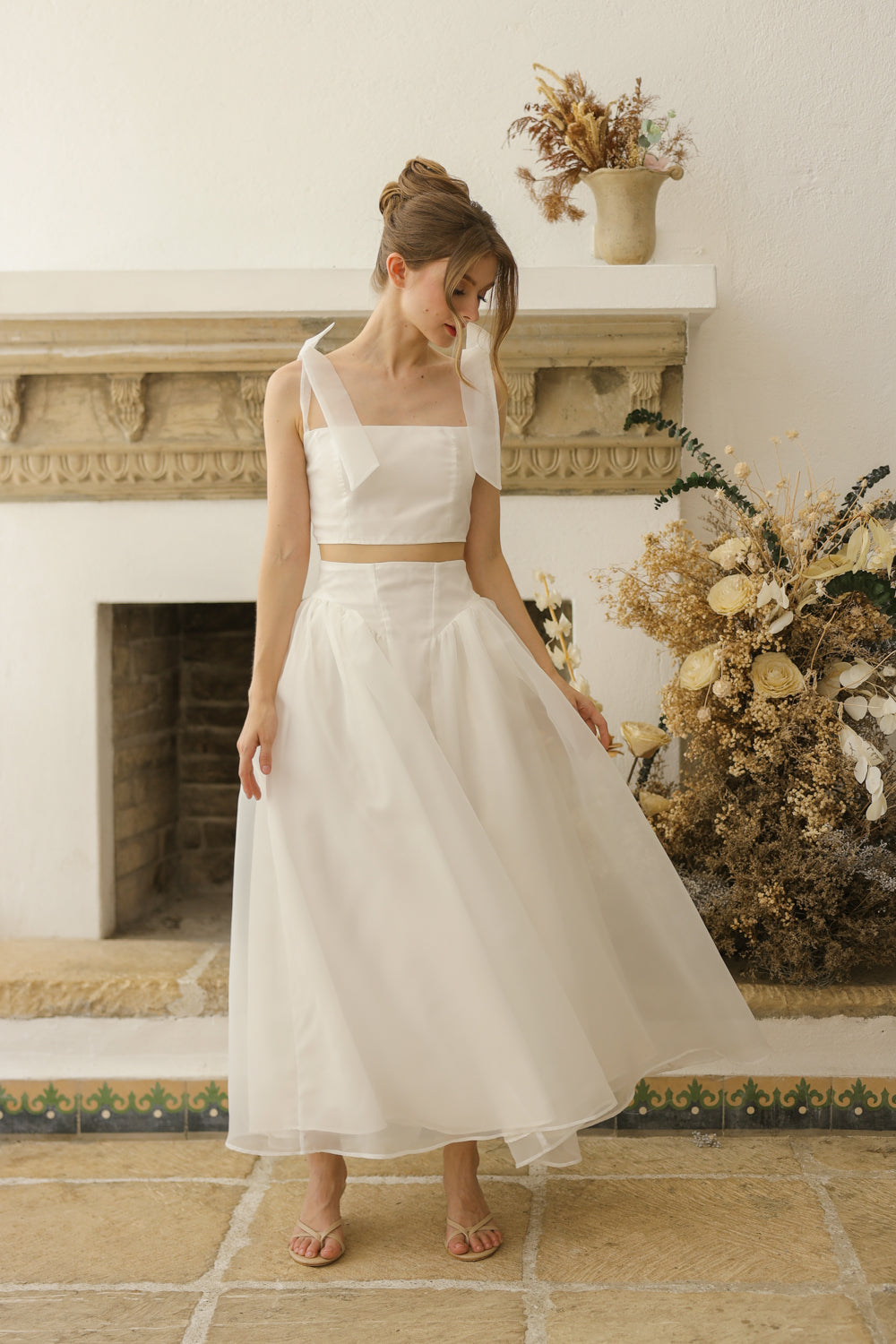 DOMIKA Sleeveless Bow Midi Dress with Drop Waist Shirred Skirt (Ivory White Matte Organdy) SAME DAY DELIVERY - SMALL