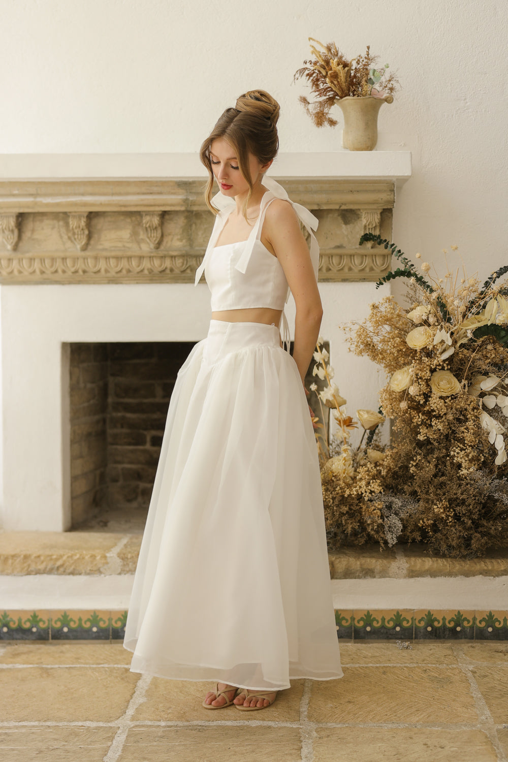 DOMIKA Sleeveless Bow Midi Dress with Drop Waist Shirred Skirt (Ivory White Matte Organdy) SAME DAY DELIVERY - SMALL