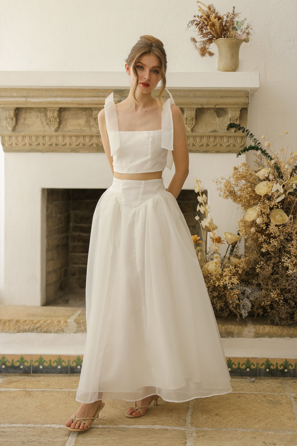 DOMIKA Sleeveless Bow Midi Dress with Drop Waist Shirred Skirt (Ivory White Matte Organdy) SAME DAY DELIVERY - SMALL
