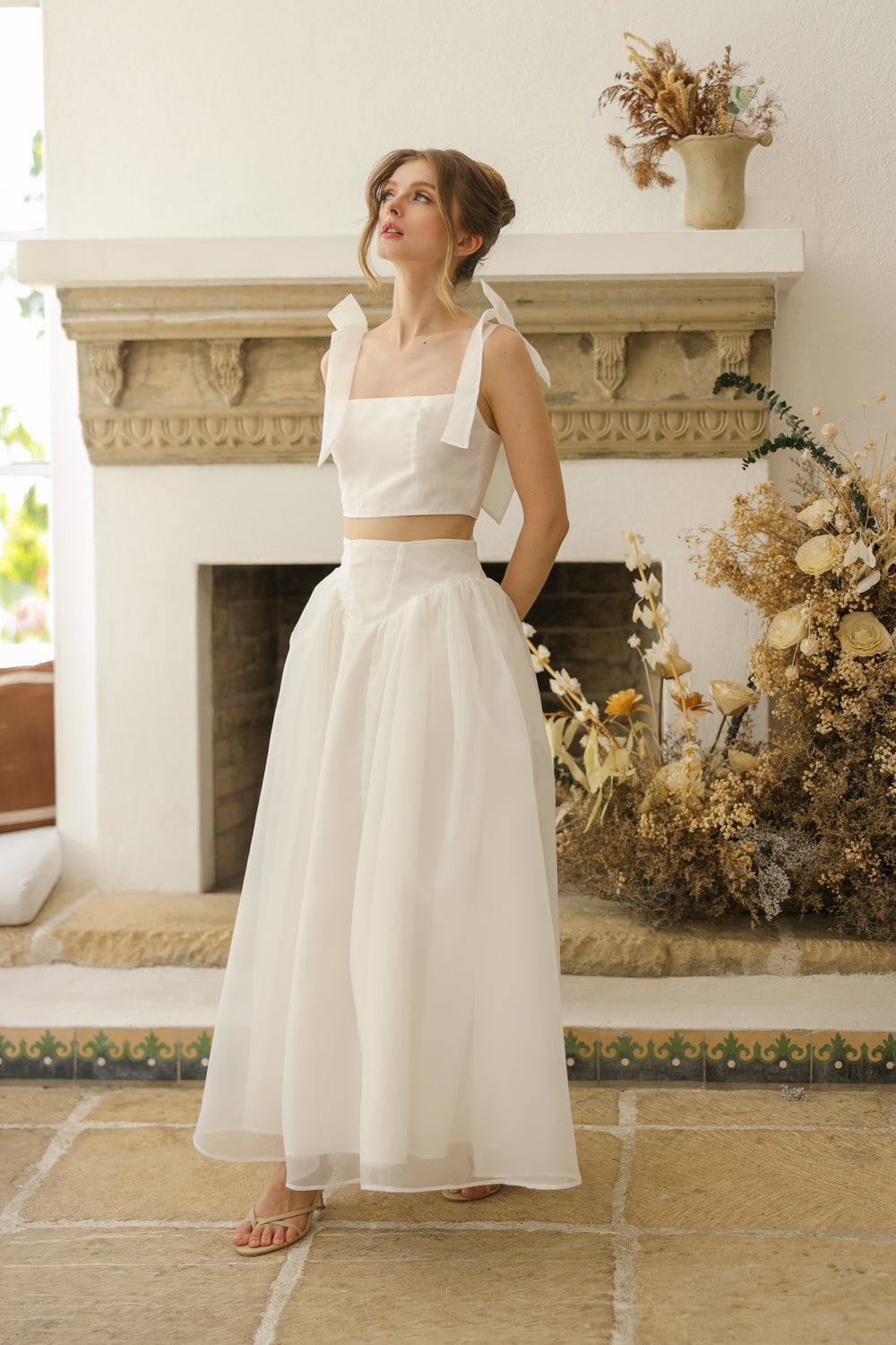 DOMIKA Sleeveless Bow Midi Dress with Drop Waist Shirred Skirt (Ivory White Matte Organdy) SAME DAY DELIVERY - SMALL