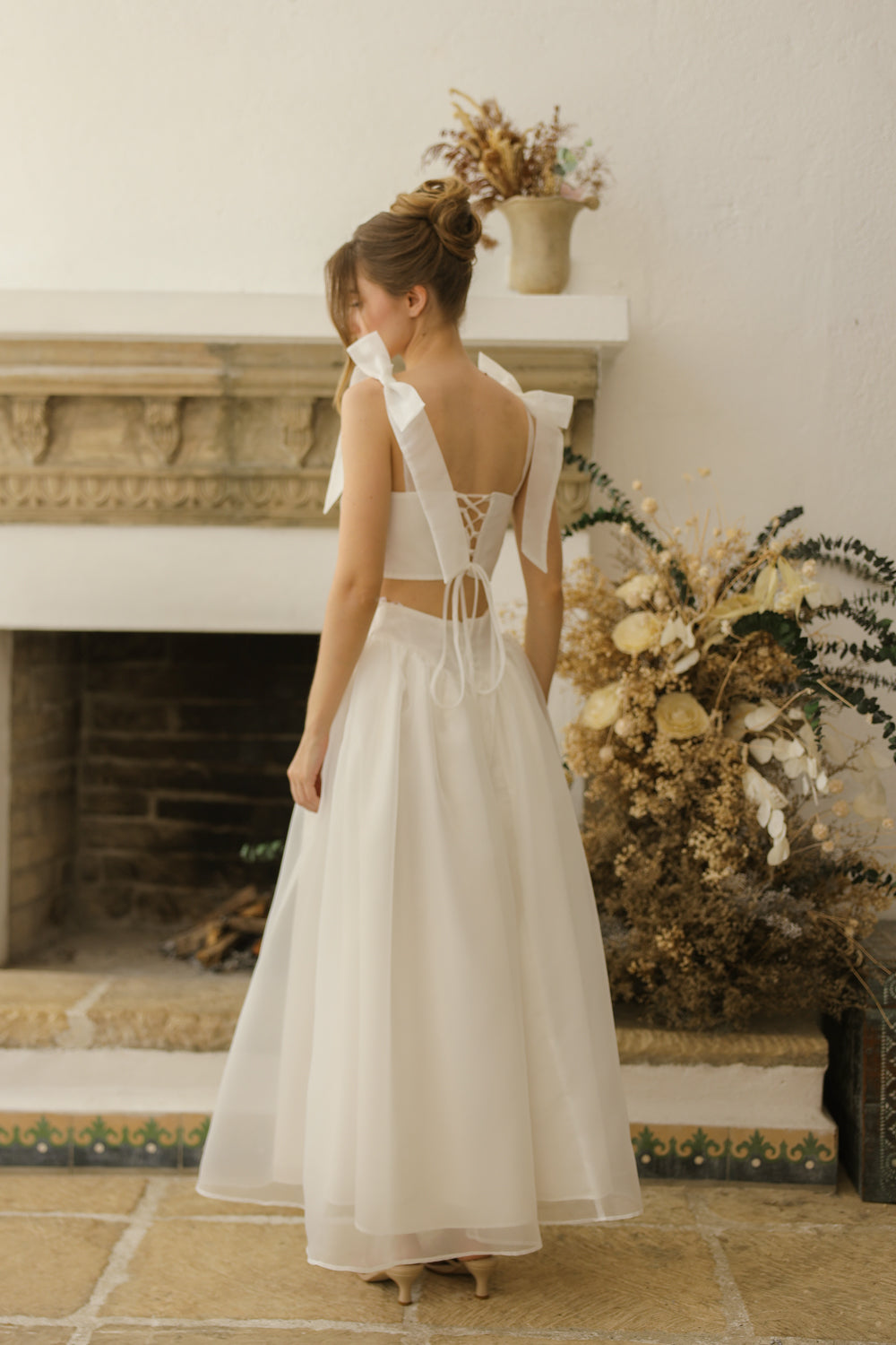 DOMIKA Sleeveless Bow Midi Dress with Drop Waist Shirred Skirt (Ivory White Matte Organdy) SAME DAY DELIVERY - SMALL