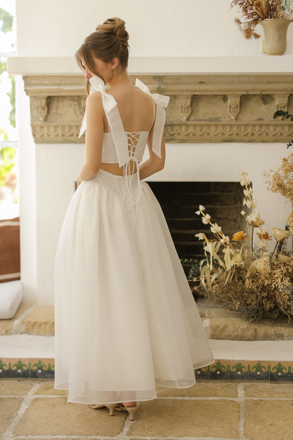 DOMIKA Sleeveless Bow Midi Dress with Drop Waist Shirred Skirt (Ivory White Matte Organdy) SAME DAY DELIVERY - SMALL