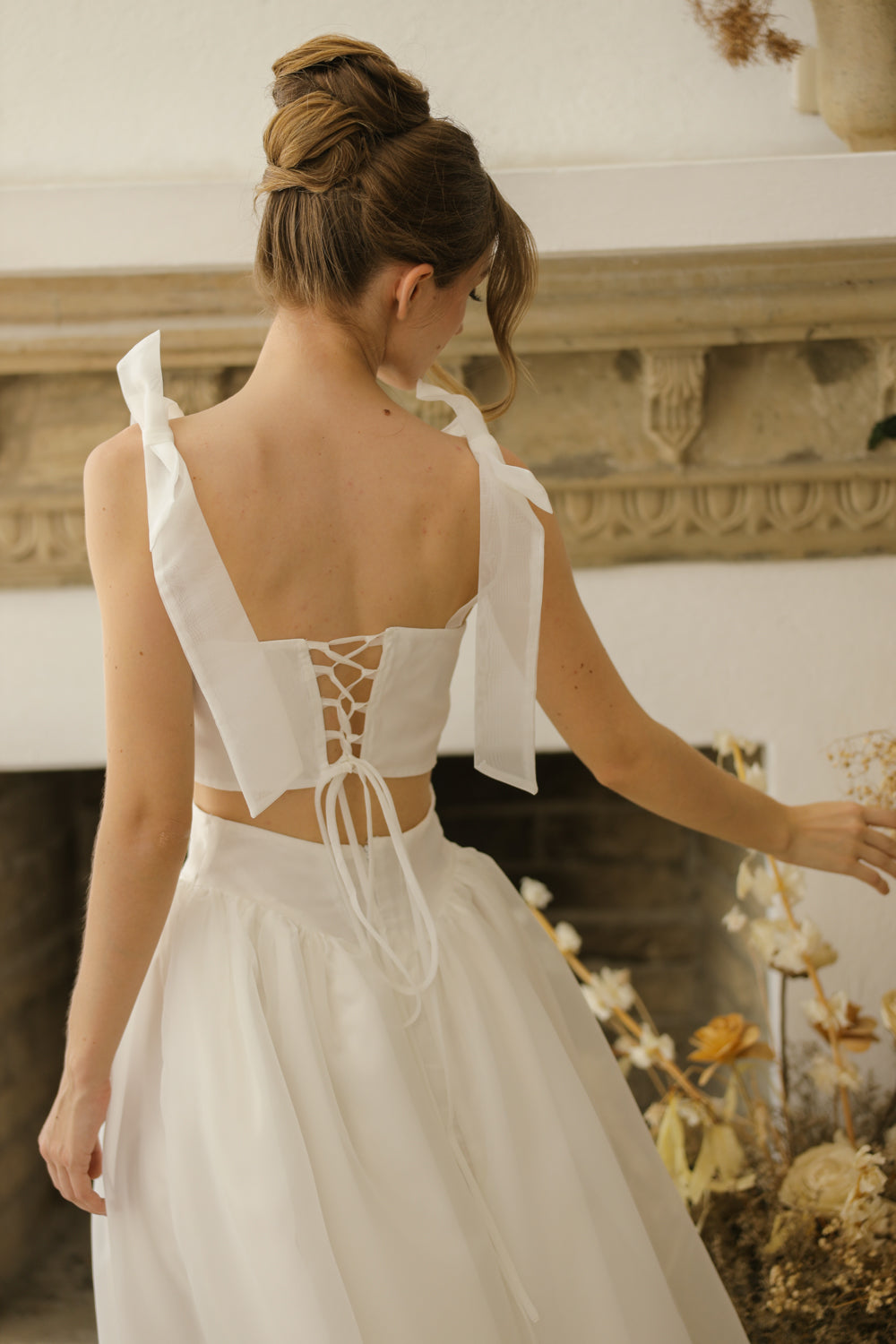 DOMIKA Sleeveless Bow Midi Dress with Drop Waist Shirred Skirt (Ivory White Matte Organdy) SAME DAY DELIVERY - SMALL