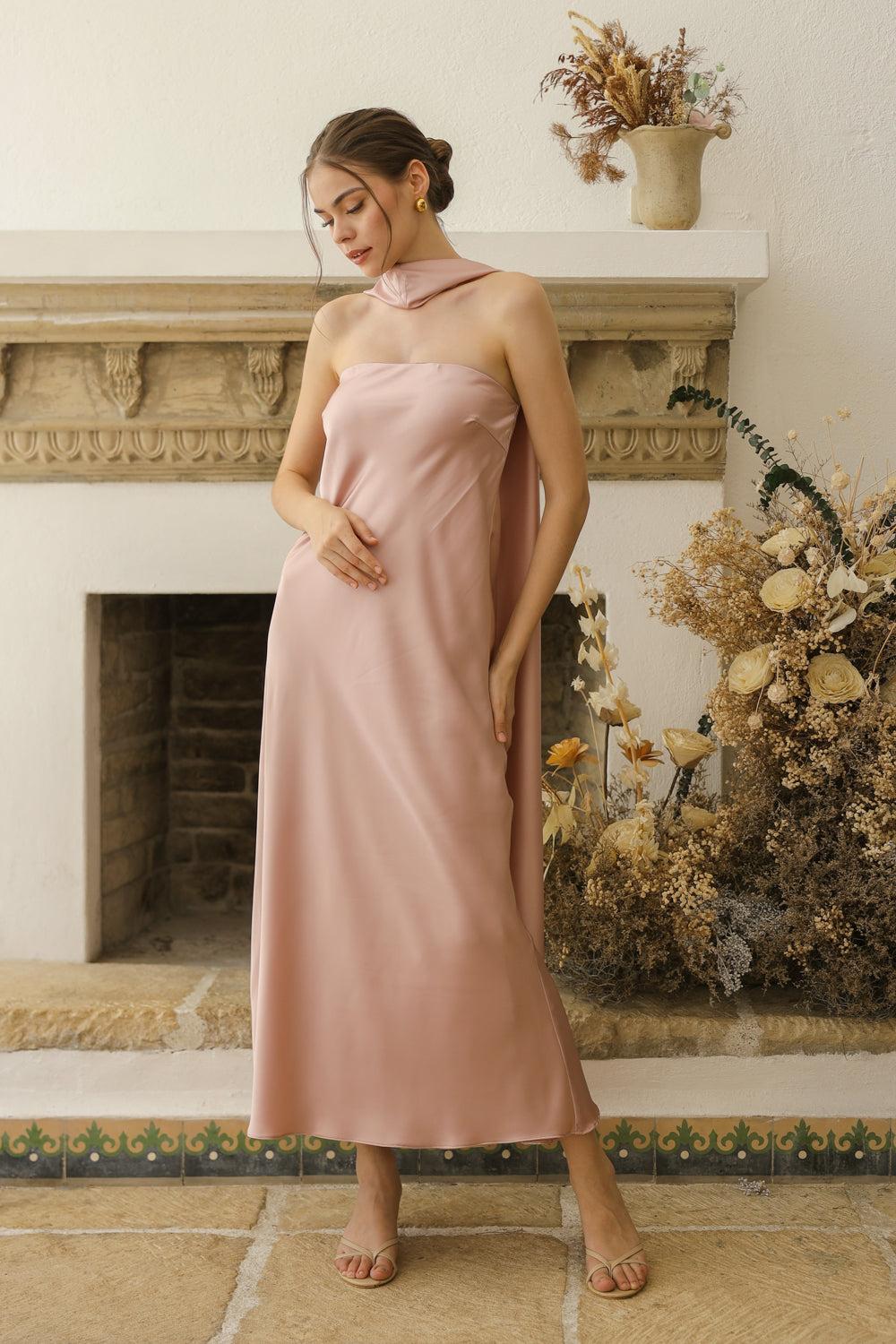 SOL Strapless Flowy Midi Dress with Sash Neckpiece (Blush Crepe Charmeuse Silk) SAME DAY DELIVERY - SMALL