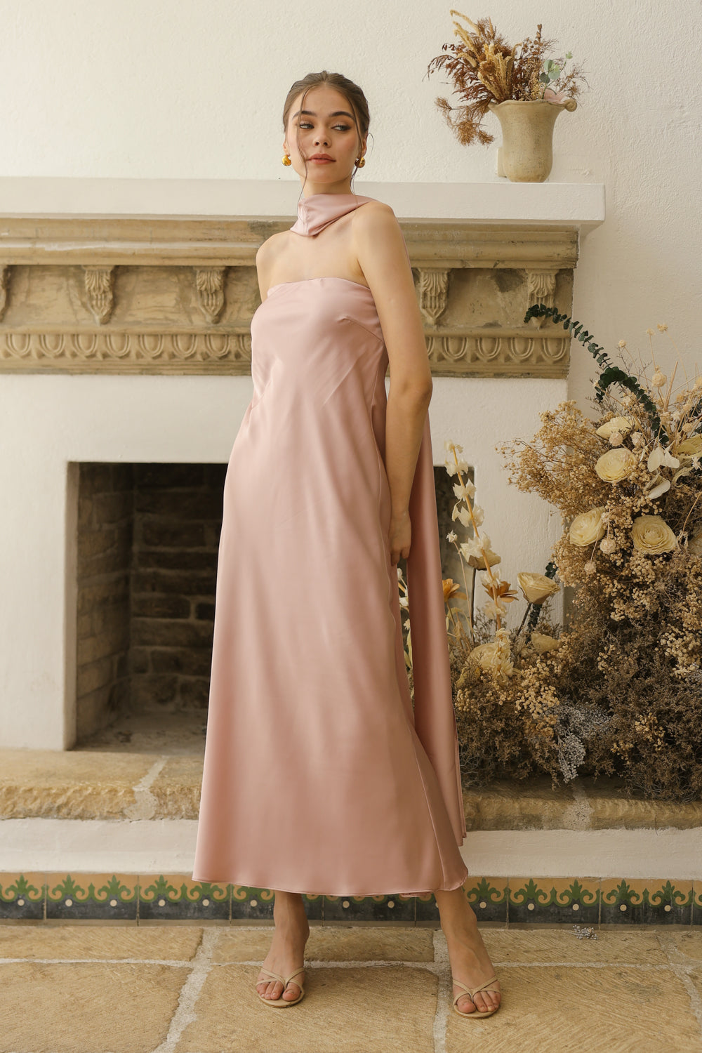 SOL Strapless Flowy Midi Dress with Sash Neckpiece (Blush Crepe Charmeuse Silk) SAME DAY DELIVERY - SMALL