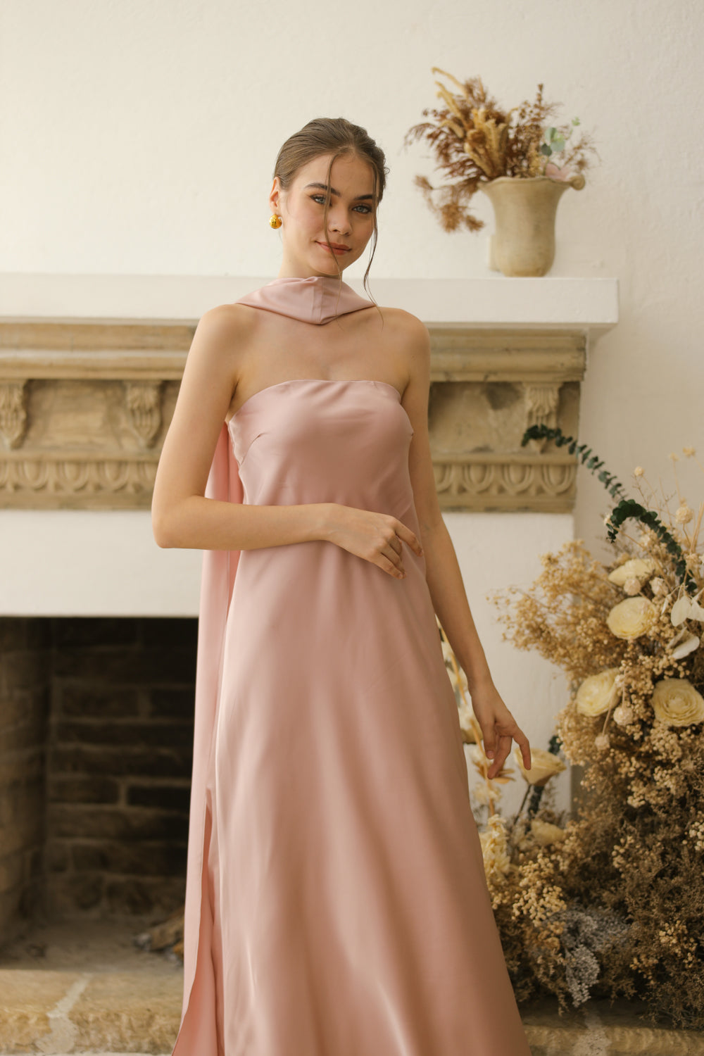 SOL Strapless Flowy Midi Dress with Sash Neckpiece (Blush Crepe Charmeuse Silk) SAME DAY DELIVERY - SMALL