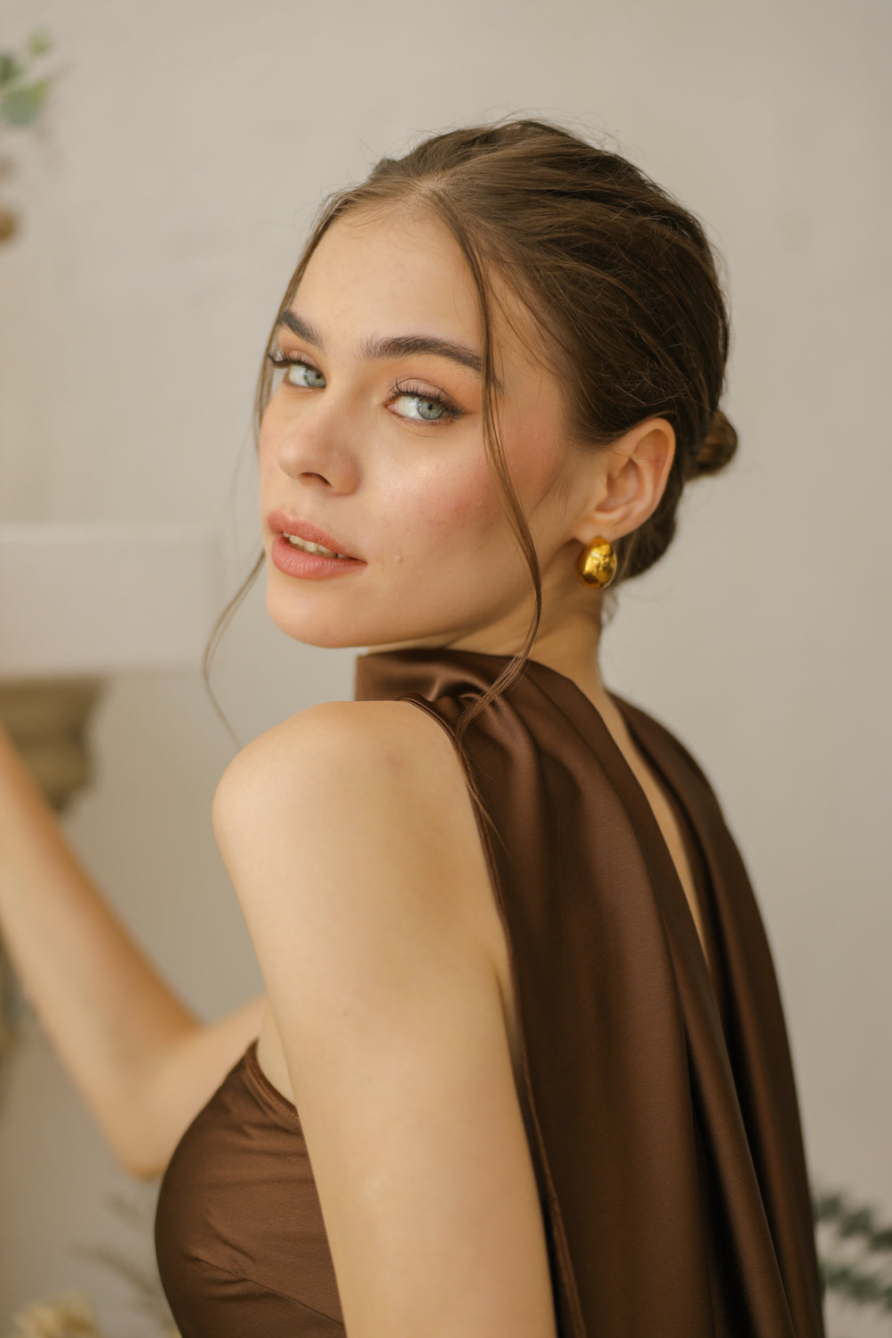 SOL Strapless Flowy Midi Dress with Sash Neckpiece (Brown Crepe Charmeuse Silk)
