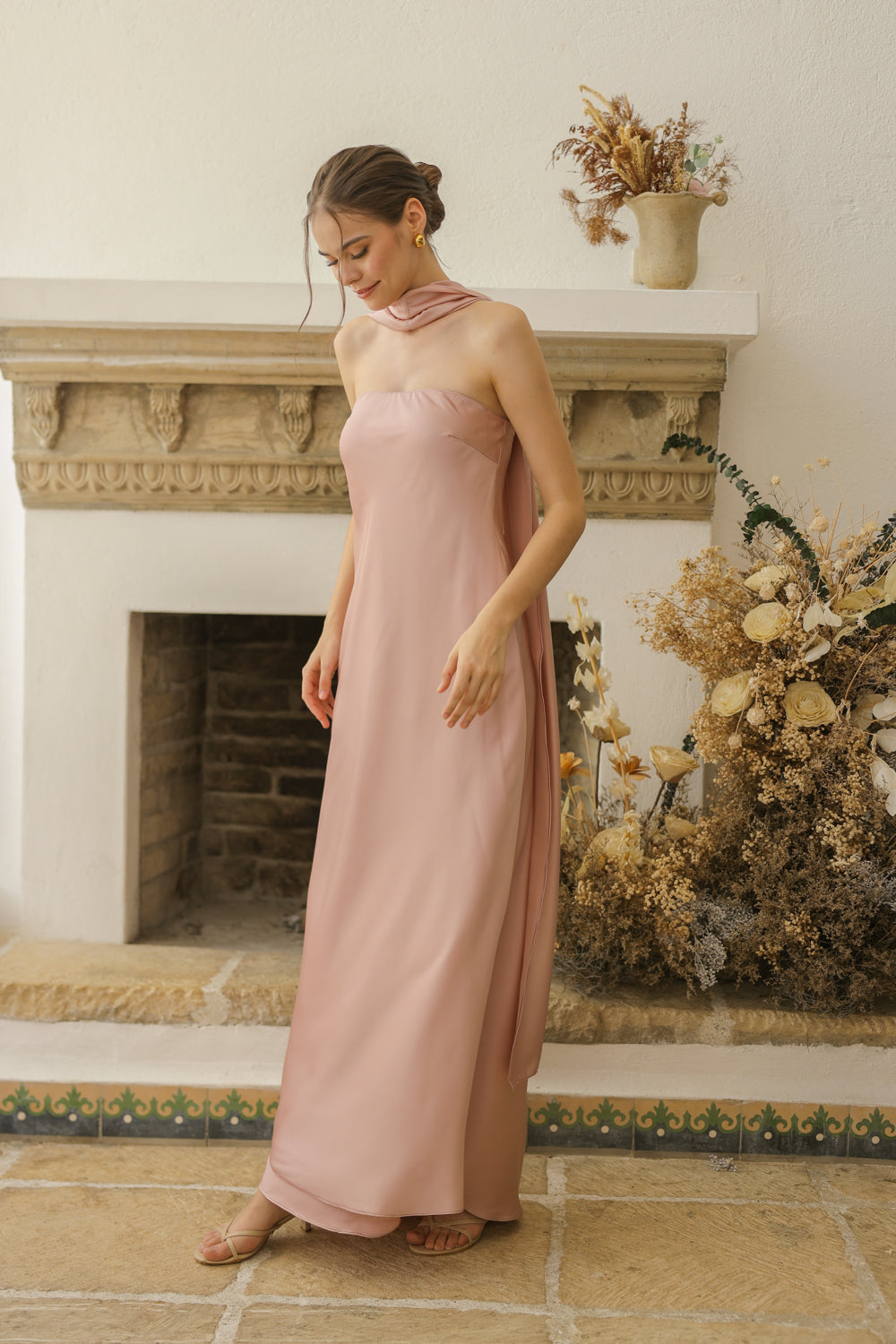 SELENA Strapless Flowy Maxi with Sash Neckpiece (Blush Charmeuse Silk)