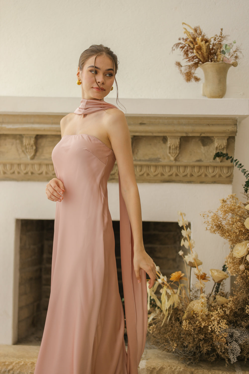 SELENA Strapless Flowy Maxi with Sash Neckpiece (Blush Charmeuse Silk)