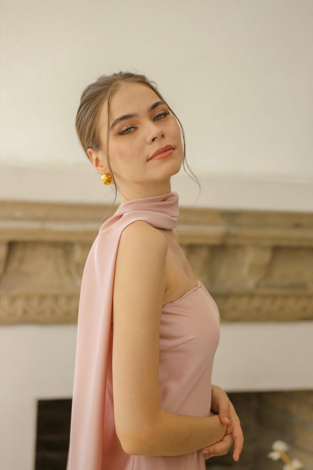 SELENA Strapless Flowy Maxi with Sash Neckpiece (Blush Charmeuse Silk)