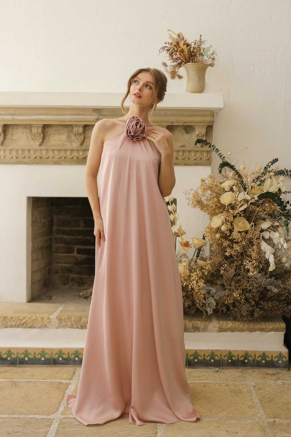 FLORA Flowy Maxi with Floral Detail on Neckline (Blush Crepe Charmeuse Silk)