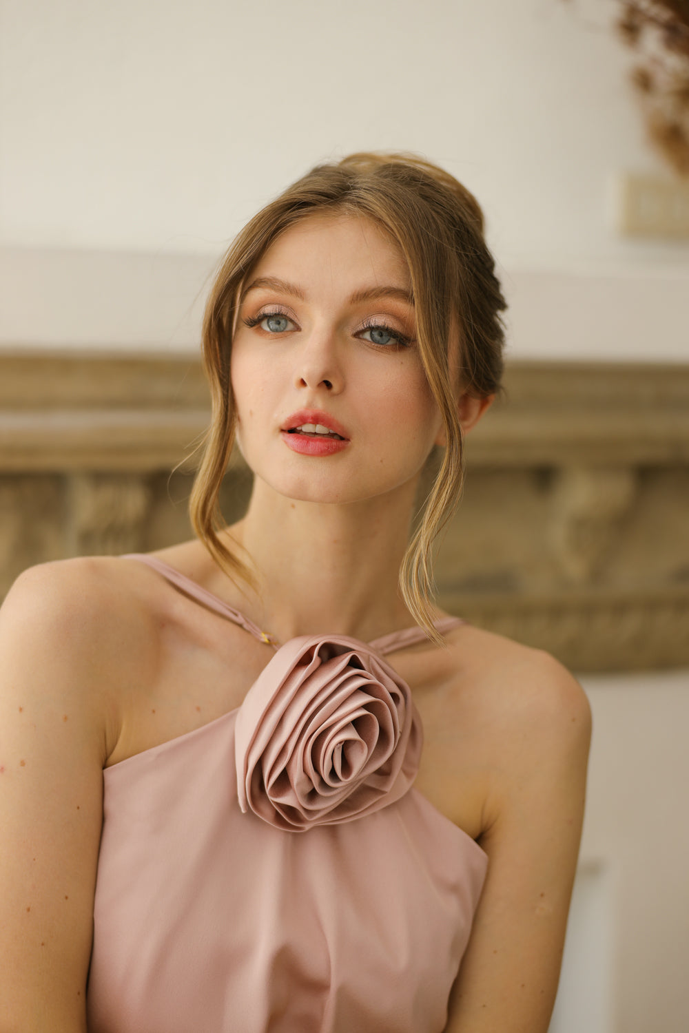 FLORA Flowy Maxi with Floral Detail on Neckline (Blush Crepe Charmeuse Silk)