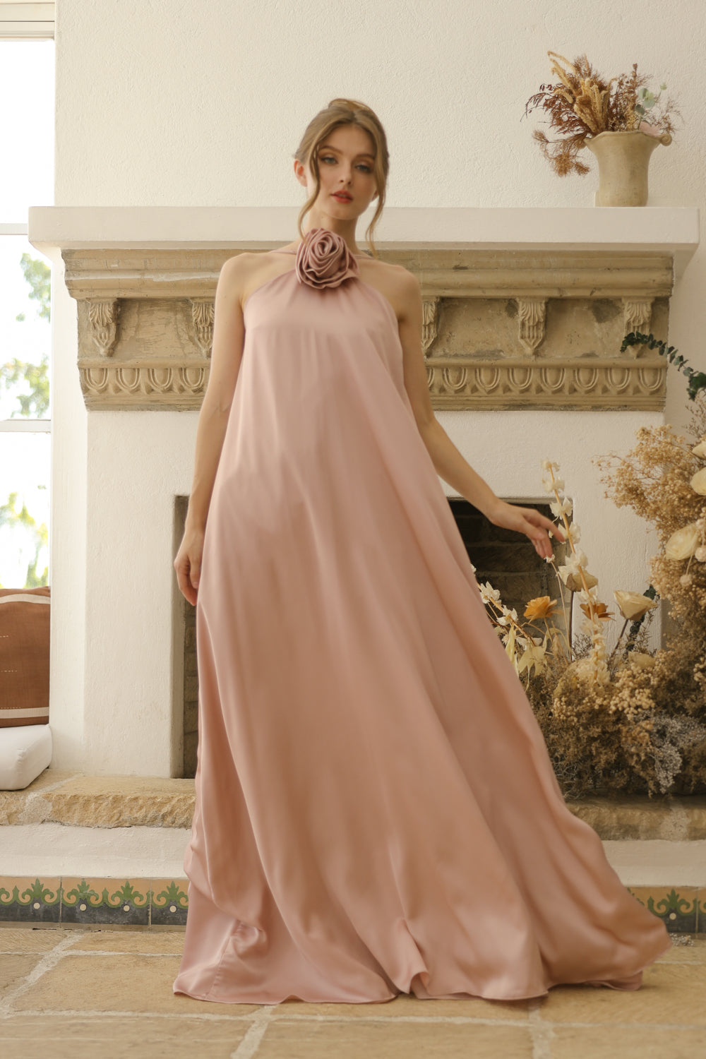 FLORA Flowy Maxi with Floral Detail on Neckline (Blush Crepe Charmeuse Silk)