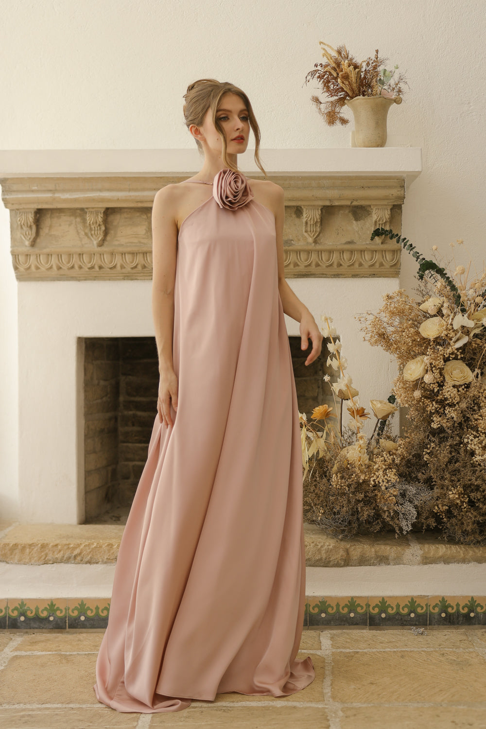 FLORA Flowy Maxi with Floral Detail on Neckline (Blush Crepe Charmeuse Silk)