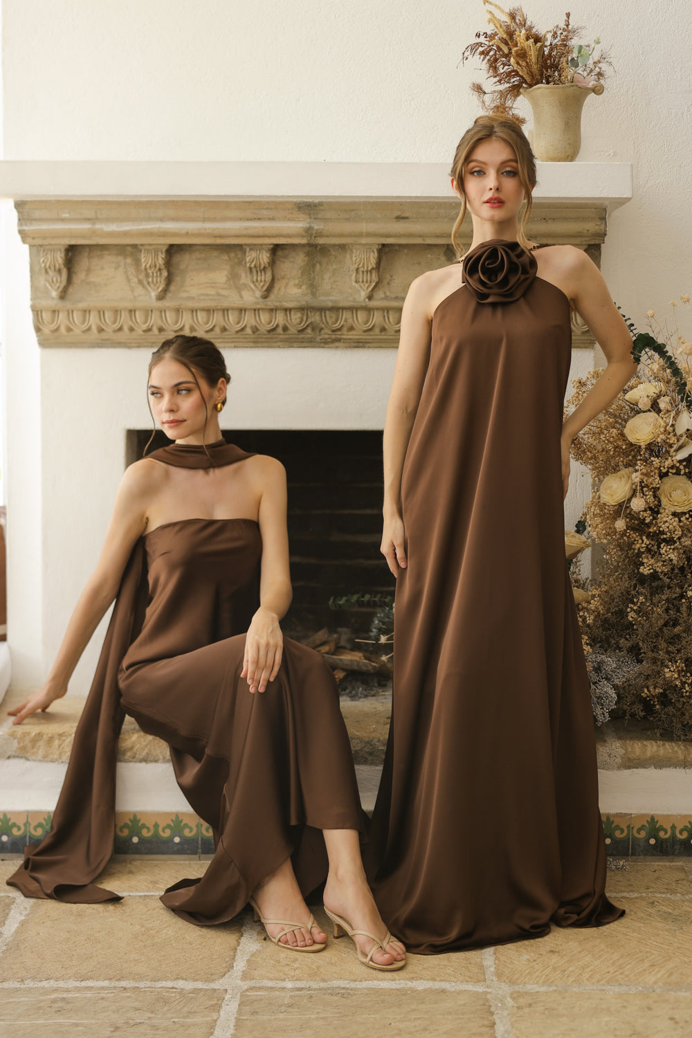 FLORA Flowy Maxi with Floral Detail on Neckline (Brown Crepe Charmeuse Silk)
