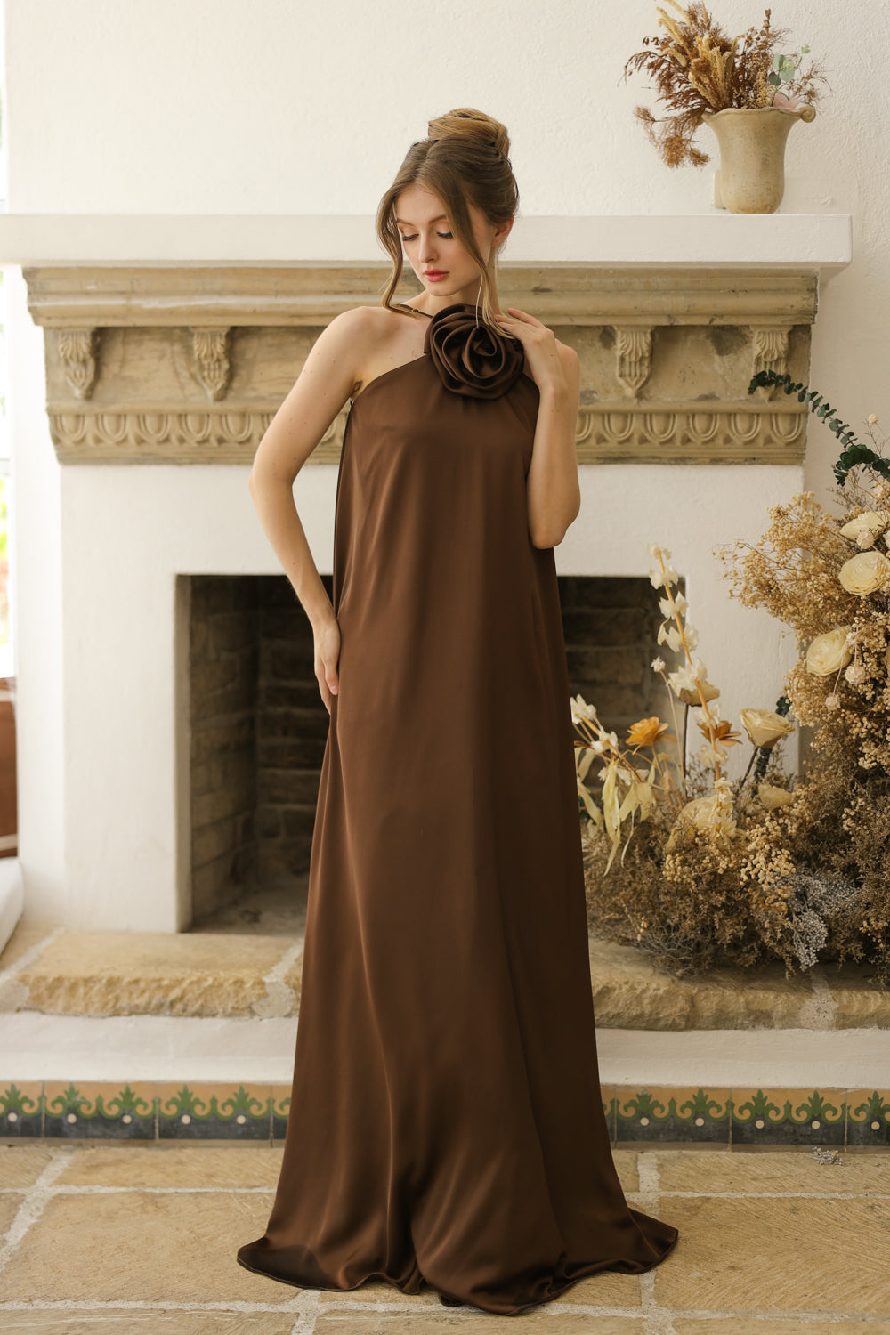 FLORA Flowy Maxi with Floral Detail on Neckline (Brown Crepe Charmeuse Silk)