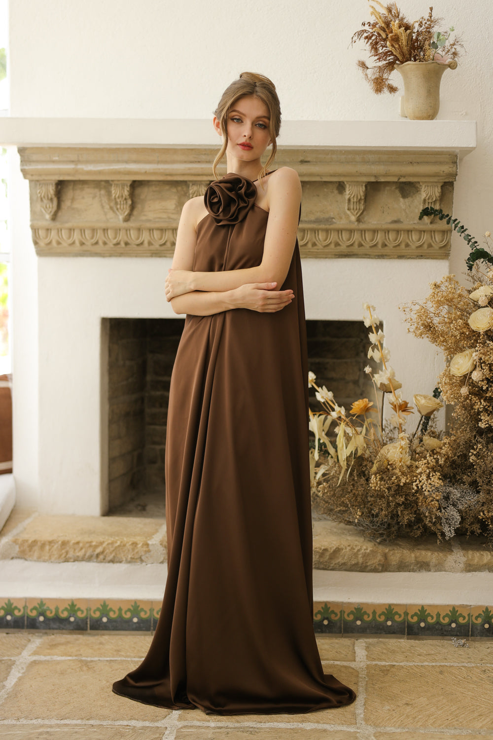 FLORA Flowy Maxi with Floral Detail on Neckline (Brown Crepe Charmeuse Silk)