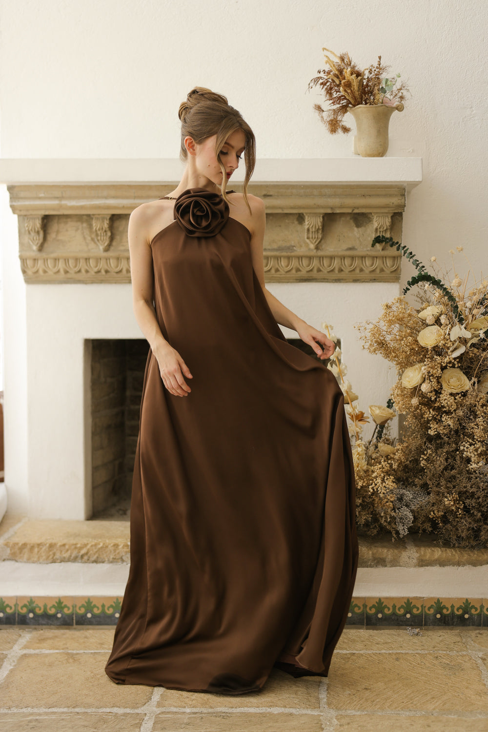 FLORA Flowy Maxi with Floral Detail on Neckline (Brown Crepe Charmeuse Silk)
