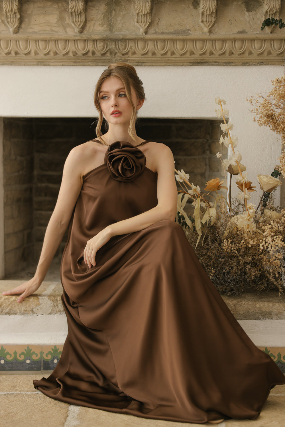 FLORA Flowy Maxi with Floral Detail on Neckline (Brown Crepe Charmeuse Silk)