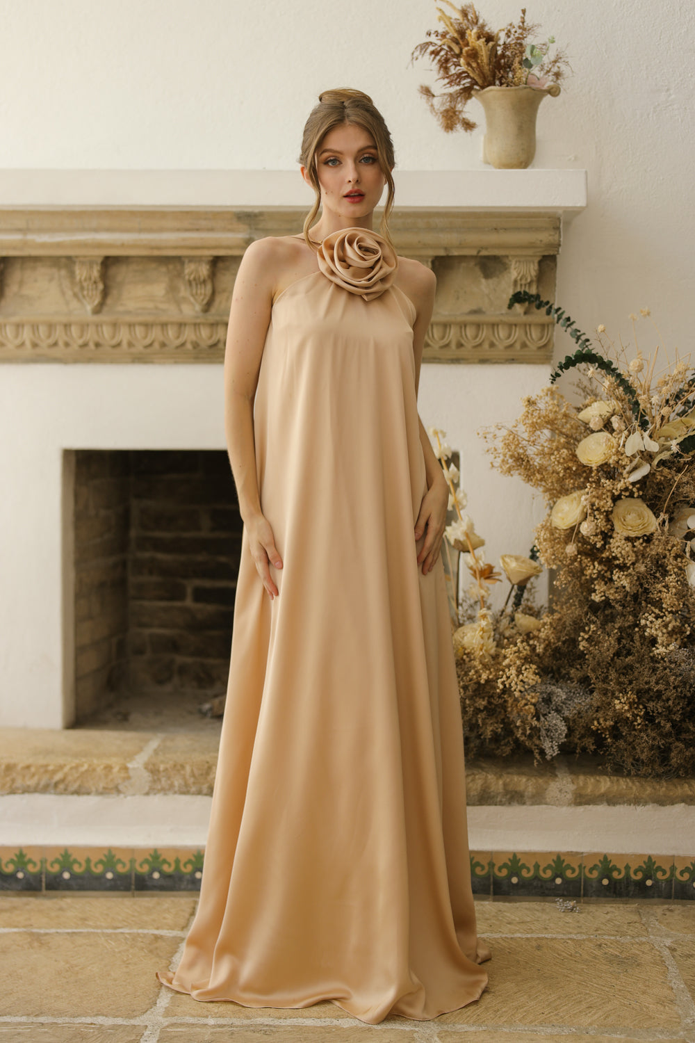 FLORA Flowy Maxi with Floral Detail on Neckline (Nude Crepe Charmeuse Silk) (Copy)