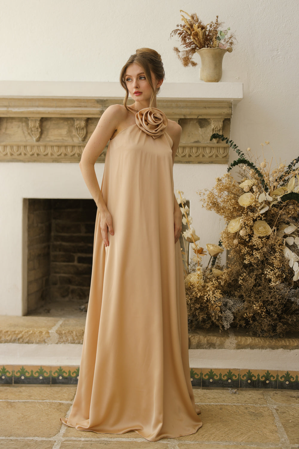 nude flowy dress Sheer Long Sleeves Nude Chiffon Prom Dresses With Split