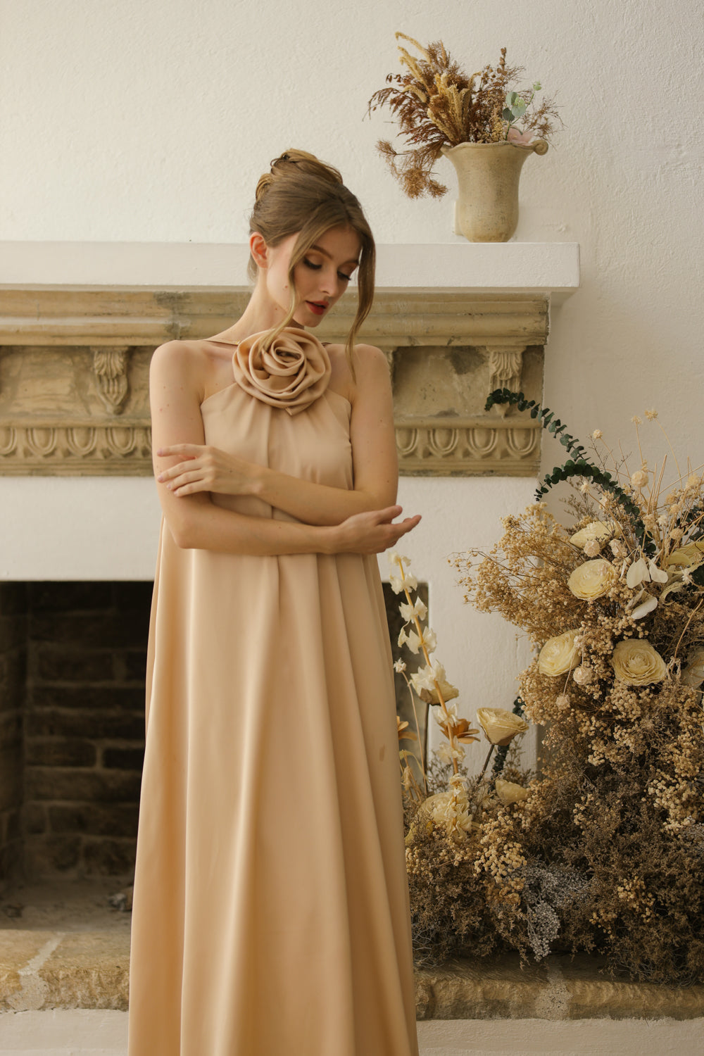FLORA Flowy Maxi with Floral Detail on Neckline (Nude Crepe Charmeuse Silk) (Copy)