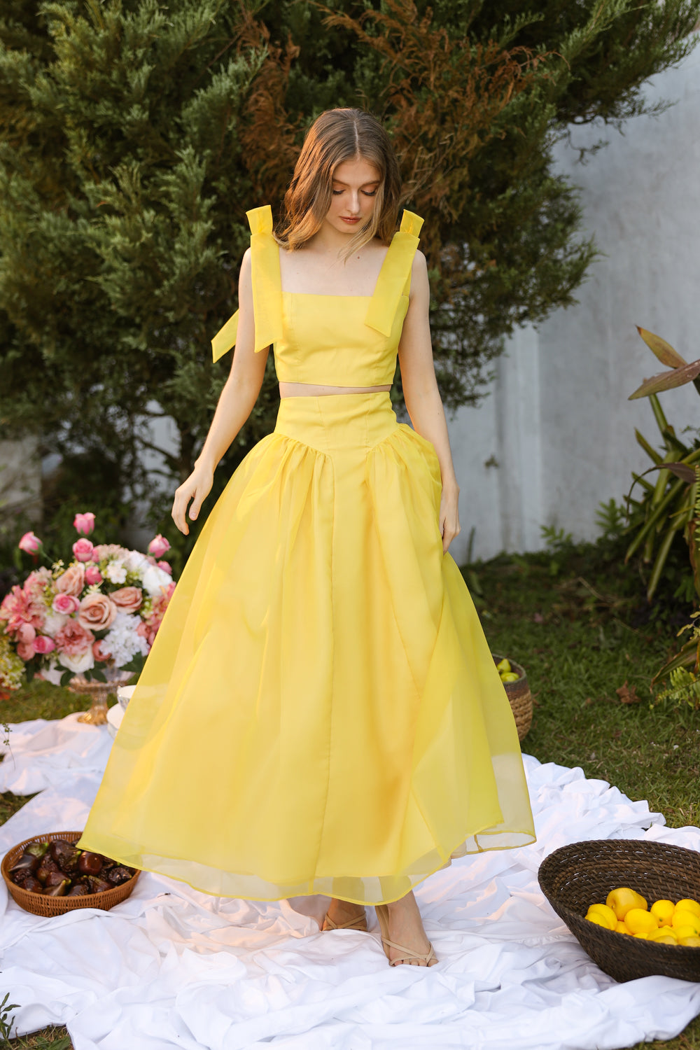 DOMIKA Sleeveless Bow Midi Dress with Drop Waist Shirred Skirt (Butter Yellow Matte Organdy) SAME DAY DELIVERY - SMALL