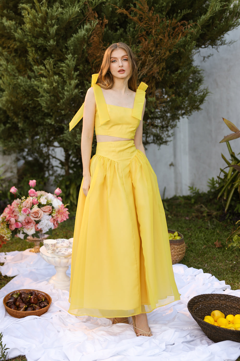 DOMIKA Sleeveless Bow Midi Dress with Drop Waist Shirred Skirt (Butter Yellow Matte Organdy) SAME DAY DELIVERY - SMALL