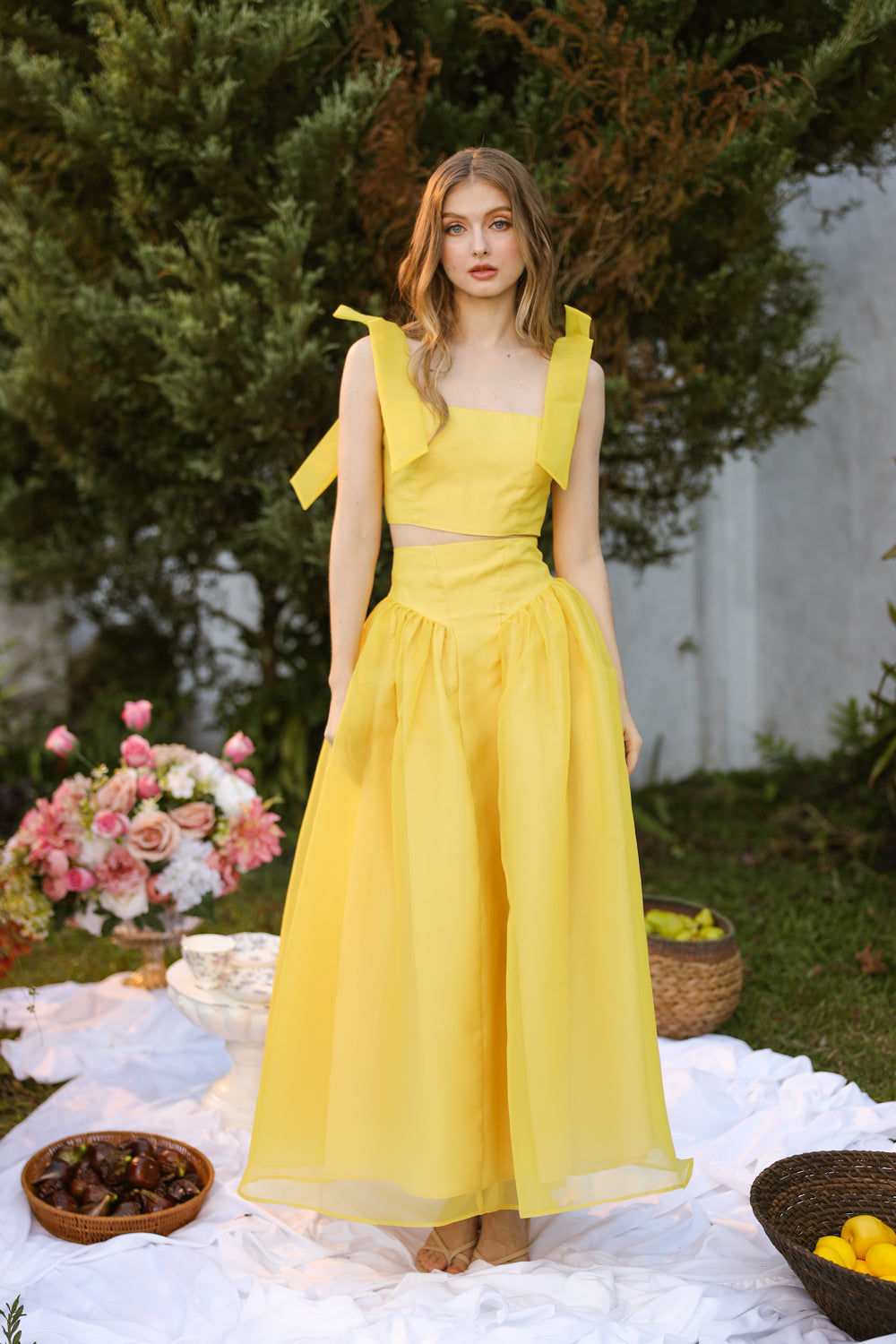 DOMIKA Sleeveless Bow Midi Dress with Drop Waist Shirred Skirt (Butter Yellow Matte Organdy) SAME DAY DELIVERY - SMALL