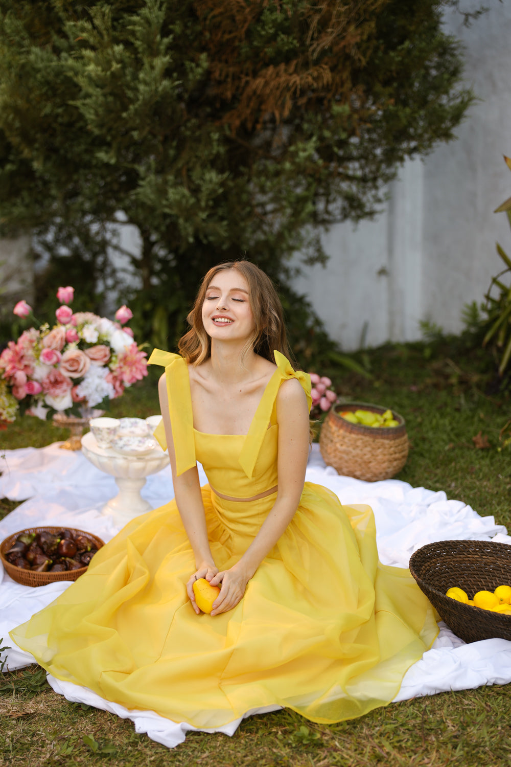 DOMIKA Sleeveless Bow Midi Dress with Drop Waist Shirred Skirt (Butter Yellow Matte Organdy) SAME DAY DELIVERY - SMALL