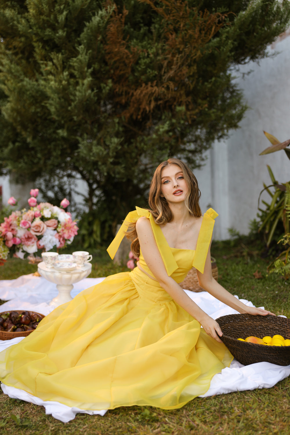 DOMIKA Sleeveless Bow Midi Dress with Drop Waist Shirred Skirt (Butter Yellow Matte Organdy) SAME DAY DELIVERY - SMALL