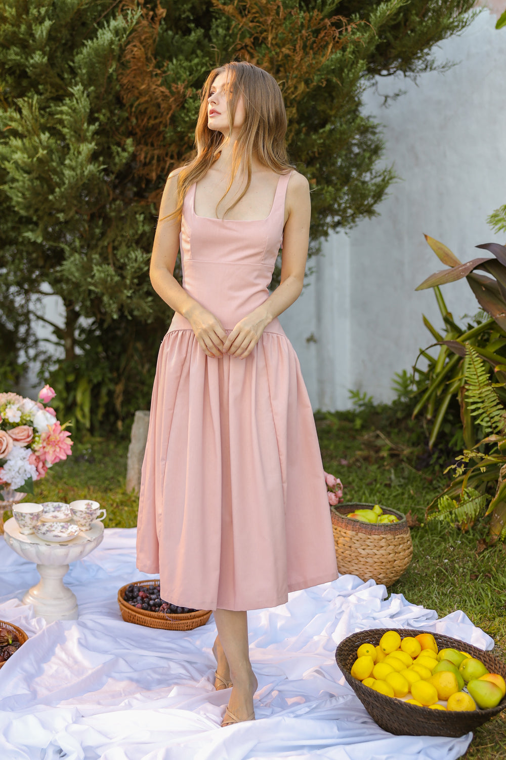 MARINA Sleeveless Scoop Back Midi Dress with Drop Waist Shirred Skirt (Pink Linen Blend)