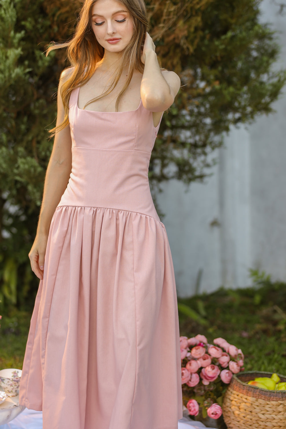 MARINA Sleeveless Scoop Back Midi Dress with Drop Waist Shirred Skirt (Pink Linen Blend)