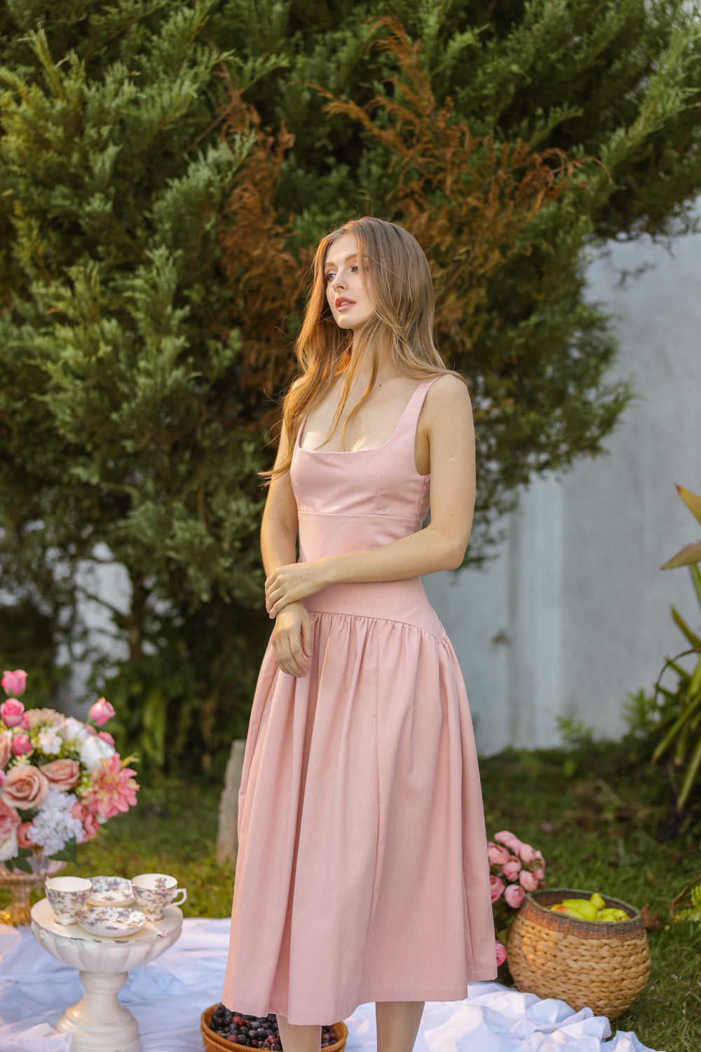 MARINA Sleeveless Scoop Back Midi Dress with Drop Waist Shirred Skirt (Pink Linen Blend)