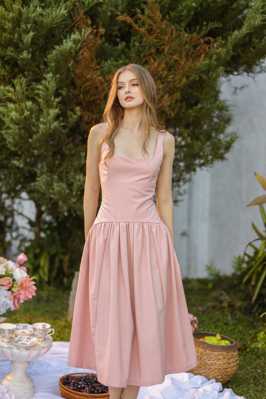 MARINA Sleeveless Scoop Back Midi Dress with Drop Waist Shirred Skirt (Pink Linen Blend)